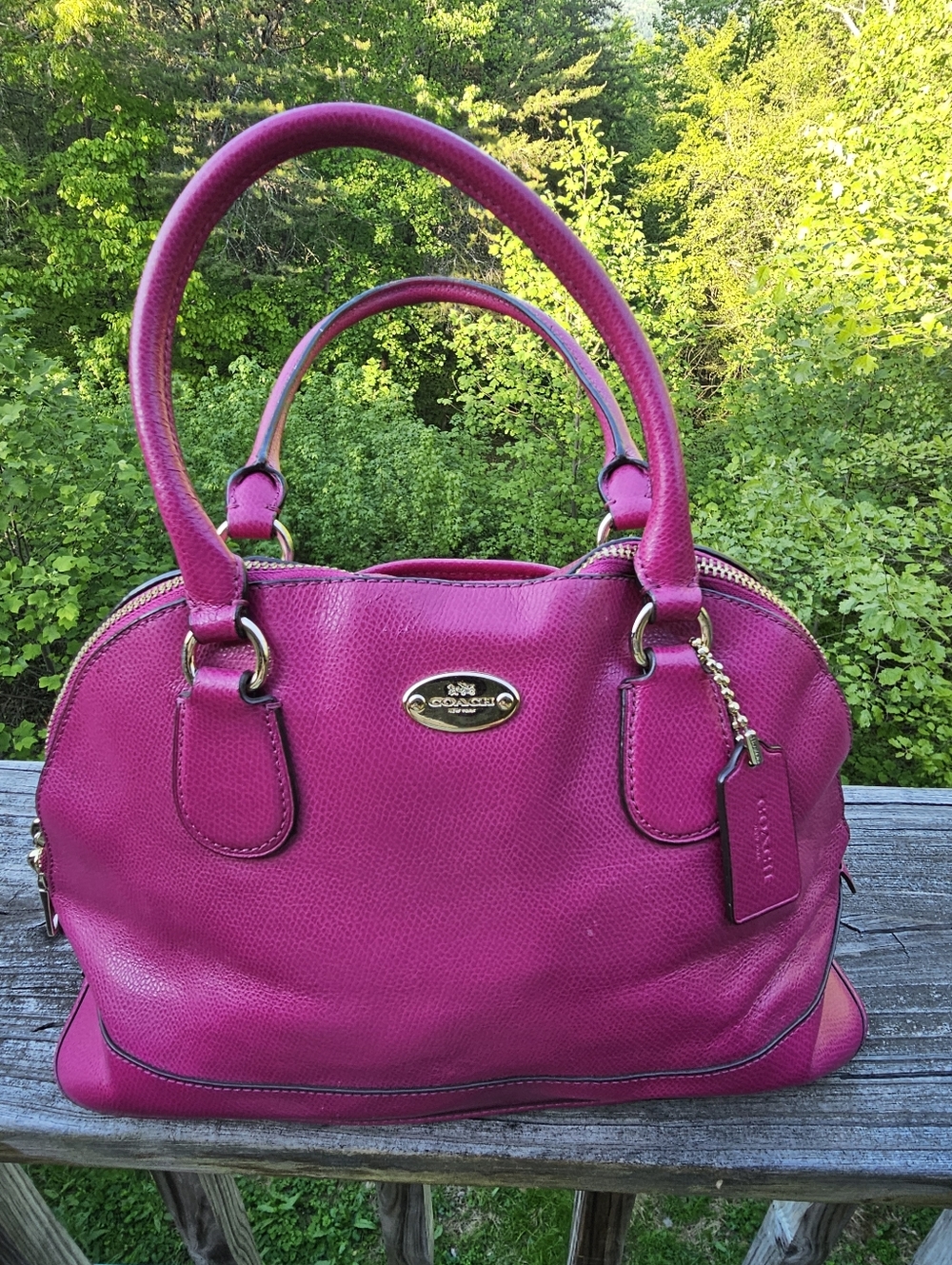 Coach Magenta Pebbled Leather Satchel Purse | Top Handle | Gold Hardware - Picture 3 of 16